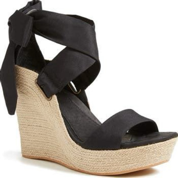 UGG Shoes - Ugg Women’s Jules Platform Wedge Ribbon Tie Espadrille Sandals Black/Beige sz 9